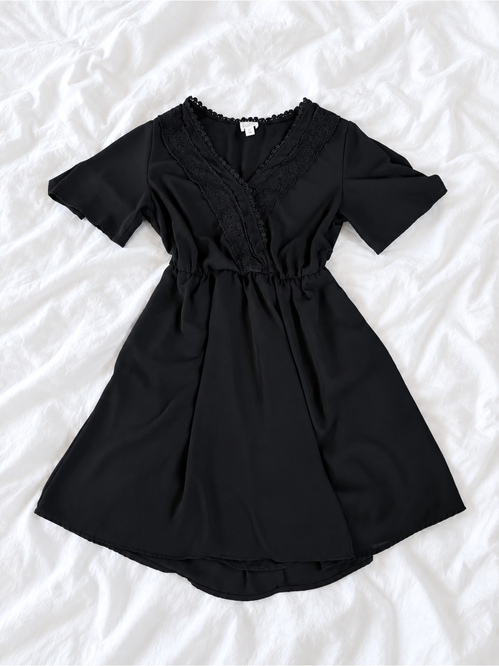 Blue Rain Black Lace-Trim V-Neck Short Sleeve Dress